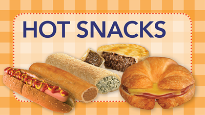 Image of hot snacks available onboard including hotdogs, meat pies and ham & cheese croissants