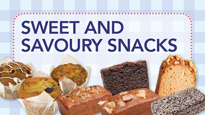 Image of sweet and savoury snacks available onboard including muffins, cakes and slices