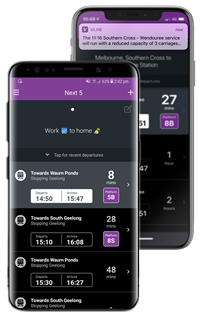 V/Line mobile application shown on a Samsung and Apple phone